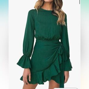 Green Ruffled Wrap Dress with Bell Sleeves
